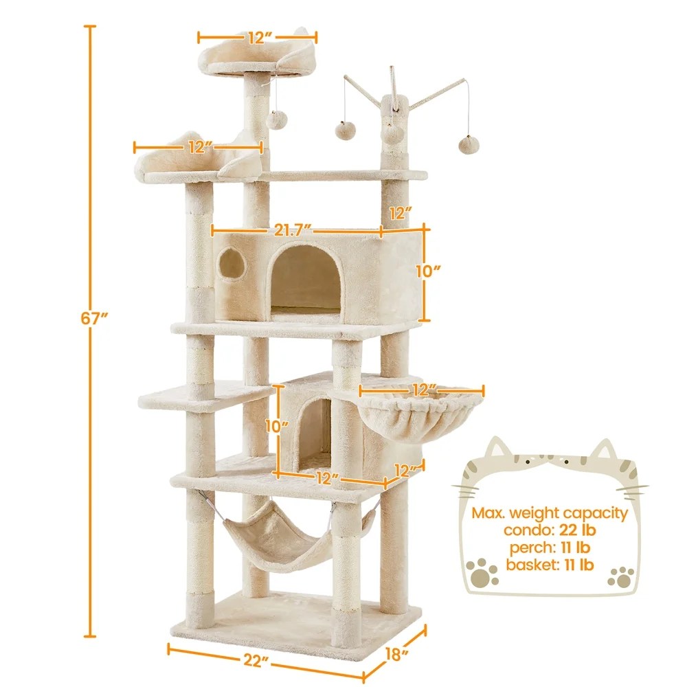 Alden Design 67" H Large Multi-Level Cat Tree with 2 Cat Condos for Indoor Cats, Beige - Image 5
