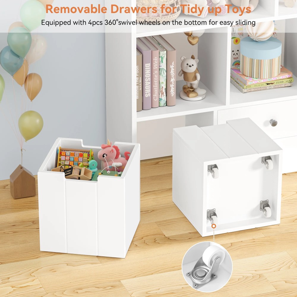 Homfa Kids Toy Storage Organizer,5 Cubby Children Bookcase and Bookshelf with 4 Drawer on Wheels for Playroom,White - Image 5