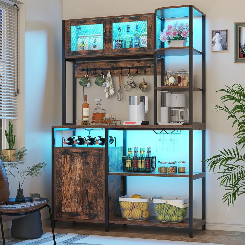Winkalon 42.5" Wide Large Bakers Rack with Power Outlets,6 Tiers Coffee Bar Table with LED Light,8 Hooks,Microwave Stand Kitchen Storage Shelf,Rustic Brown - Image 5