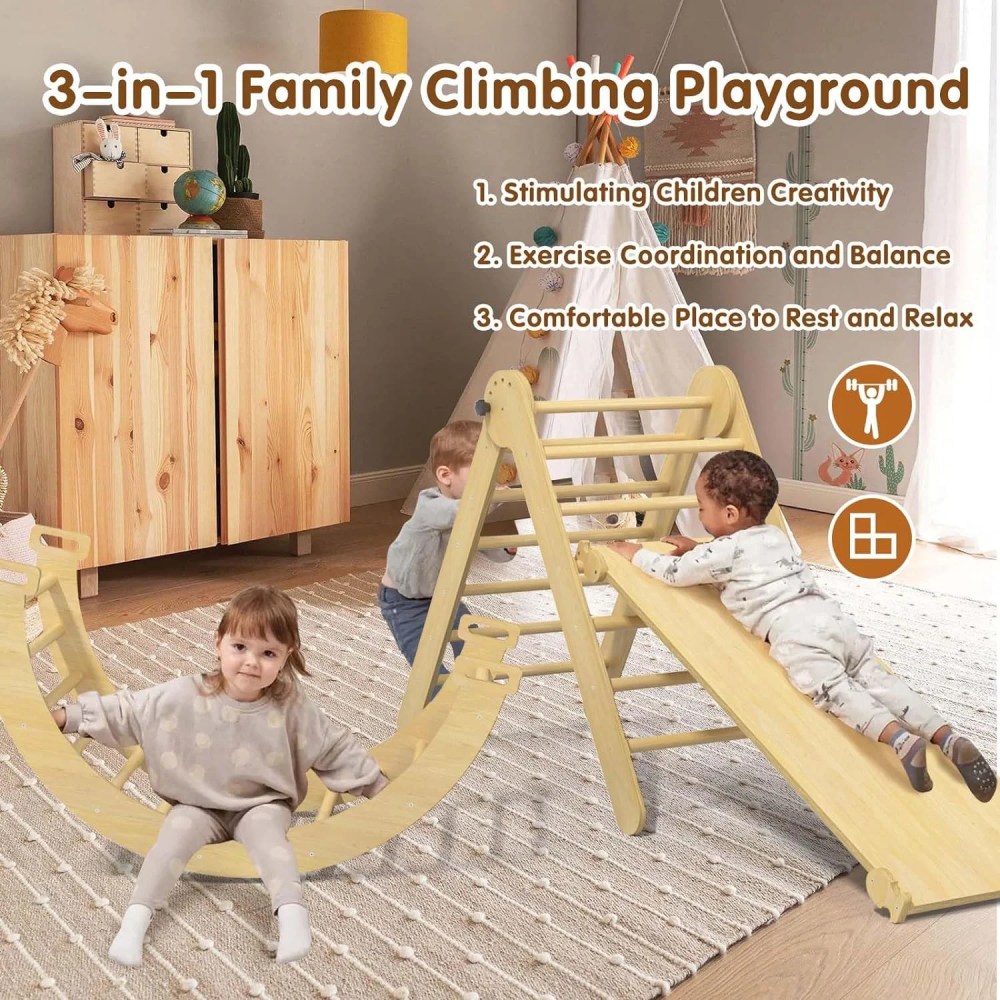 Odaof 5 in 1 Pikler Triangle Set, Baby Climbing Toys Indoor Playground, Foldable Montessori Toddler Climbing Toys with Sliding Ramp & Climbing Arch Ramp, Jungle Gym for Kids, Primary - Image 7
