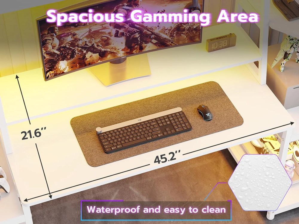White Gaming Desk 65.7" with LED Lights,Hutch and Storage Shelves,Computer Desk with Monitor Stand,Large PC Gamer Desk Workstation,Ergonomic Gaming Table for Bedroom,Living Room - Image 2