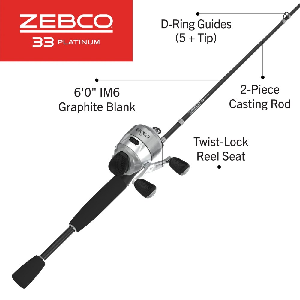 Zebco 33 Platinum Spincast Reel and Fishing Rod Combo, 6-Foot 2-Piece Rod, Size 30 Reel, Silver - Image 9