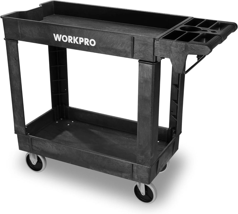 WORKPRO 500 LBS 2-Tier Utility Service Cart,Rolling Tool Cart with 360'Swivel Locking Casters,39"x17"x33" PP Plastic Work Station for Garage & Home