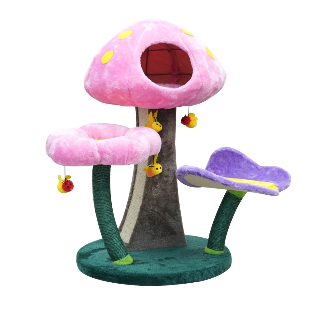 Catry 31" Flower Cat Tree with Mushroom Condo,  Flower and Butterfly Perches,  Sisal Scratching Pad and 4 Bee Toys