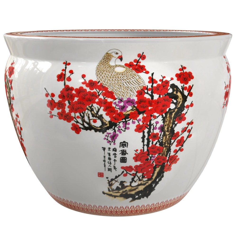 Red Lantern 12" Cherry Blossom Porcelain Fishbowl Planter