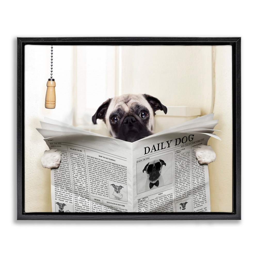 Stupell Industries Pug Reading Newspaper in Bathroom Jet Black Framed Floating Canvas Wall Art, 1620, by In House