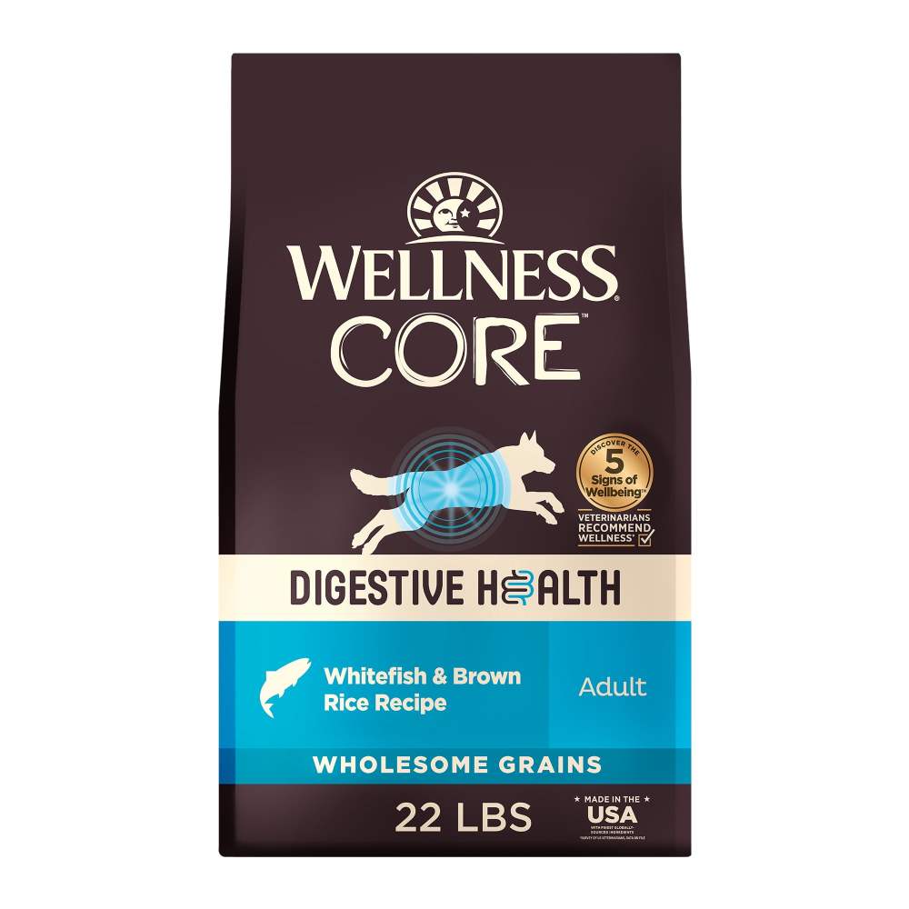 Wellness CORE Digestive Health Adult Dry Dog Food,  Wholesome Grain Kibble,  Sensitive Stomach,  Natural,  High Protein,  Chicken Free,  Whitefish and Brown Rice Recipe,  22 lb Bag