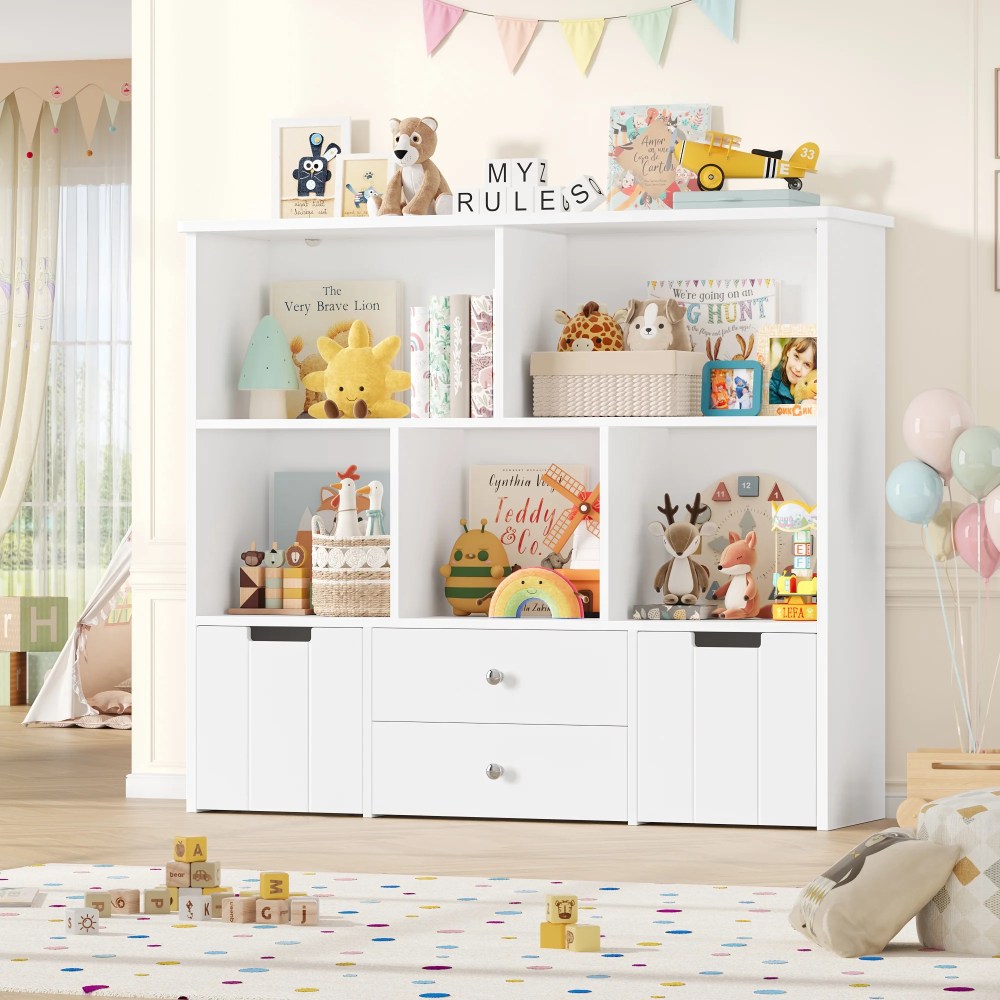 Homfa Kids Toy Storage Organizer,5 Cubby Children Bookcase and Bookshelf with 4 Drawer on Wheels for Playroom,White