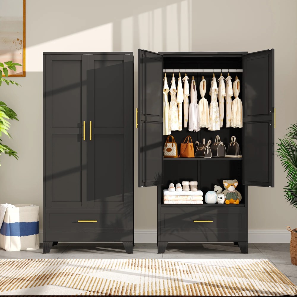 70.87" Metal Armoire Wardrobe Closet Storage Cabinet with Hanging Rod And 1 Drawer