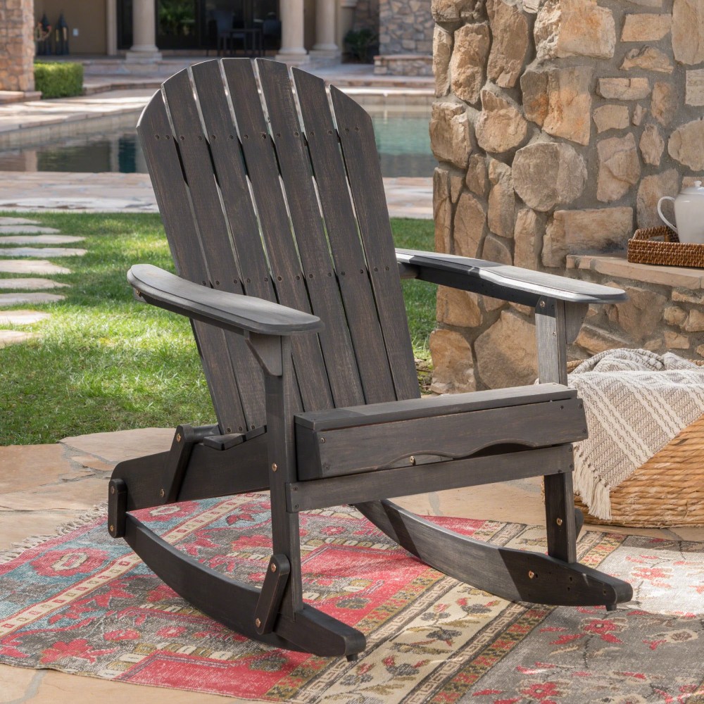 Ariel Outdoor Acacia Wood Adirondack Rocking Chair, Dark Grey