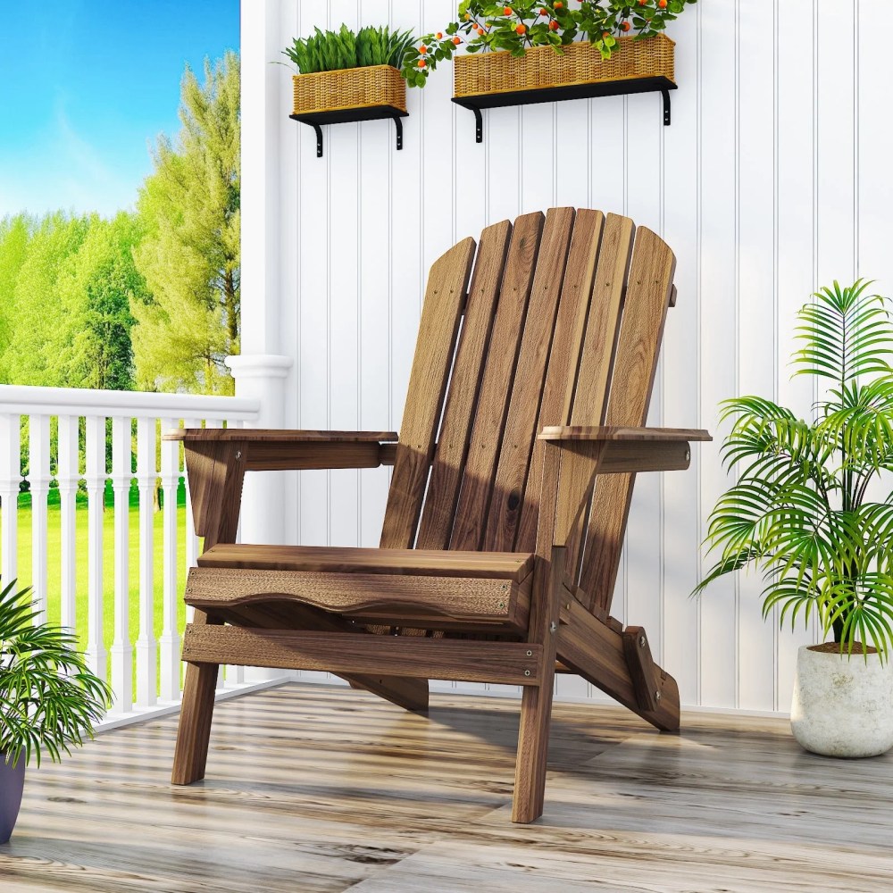 Ktaxon 1 Pack Patio Wood Adirondack Chair,Garden Chaise Chair Outdoor Folding Chair,Wooden Chair for Patio,Garden,Carbonized Color