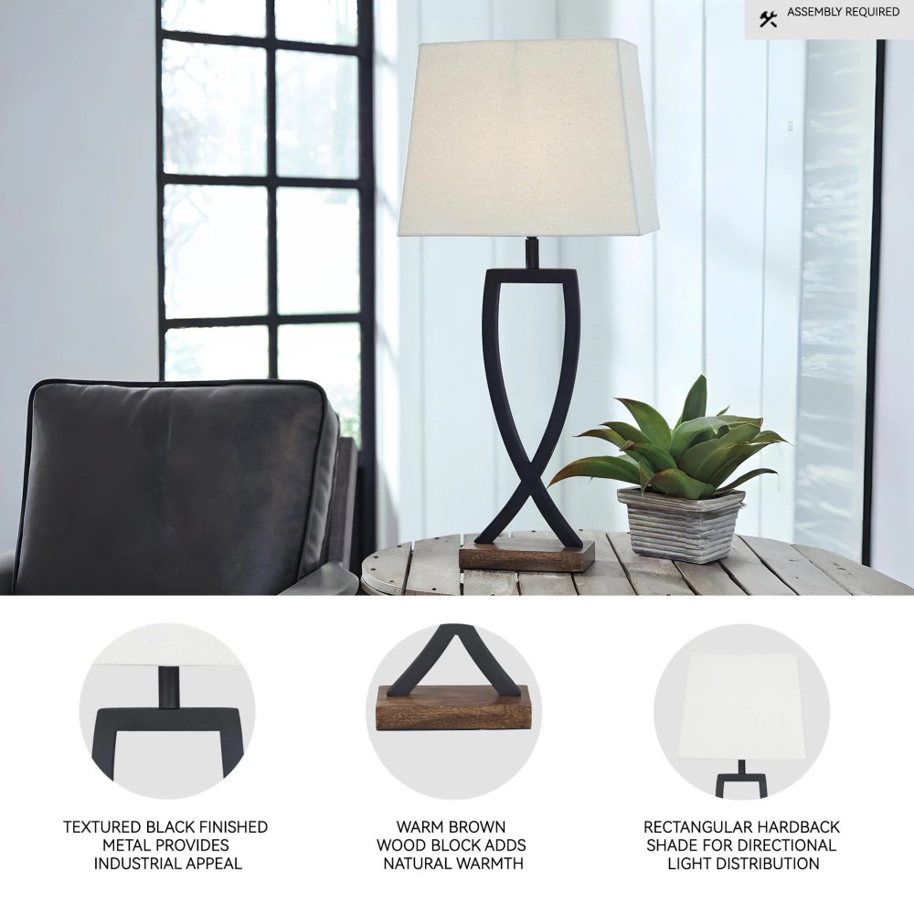 Signature Design by Ashley Makara Metal Table Lamp Set (2), Black/Brown, Modern Lamps with Wood Base and Rectangular Shade - Image 3