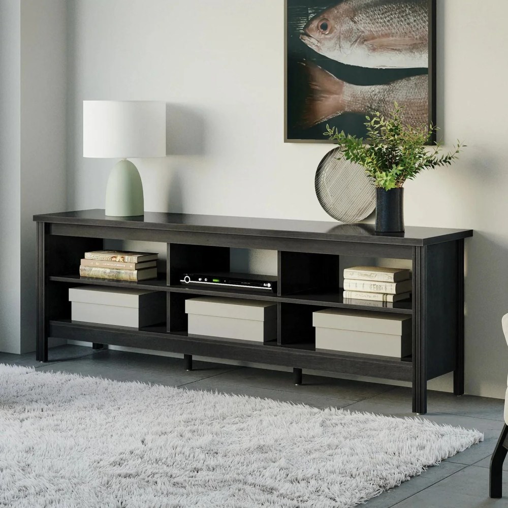 WAMPAT Black TV Stand for 75 inch TV,Classic TV Cabinet with 6 Cubby for Living Room