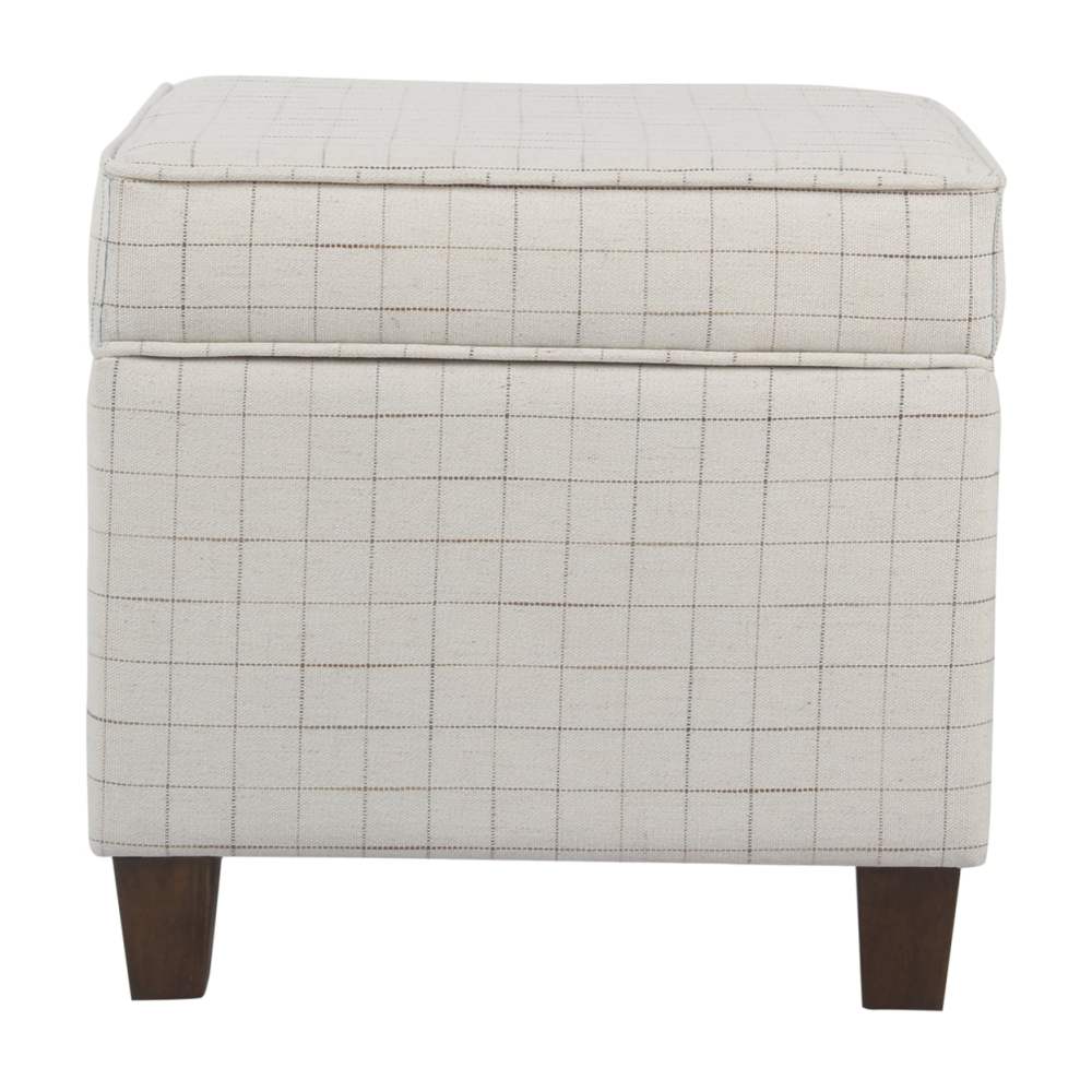 Wooden Square Ottoman with Grid Patterned Fabric Upholstery and Hidden Storage Beige and Brown - Saltoro Sherpi