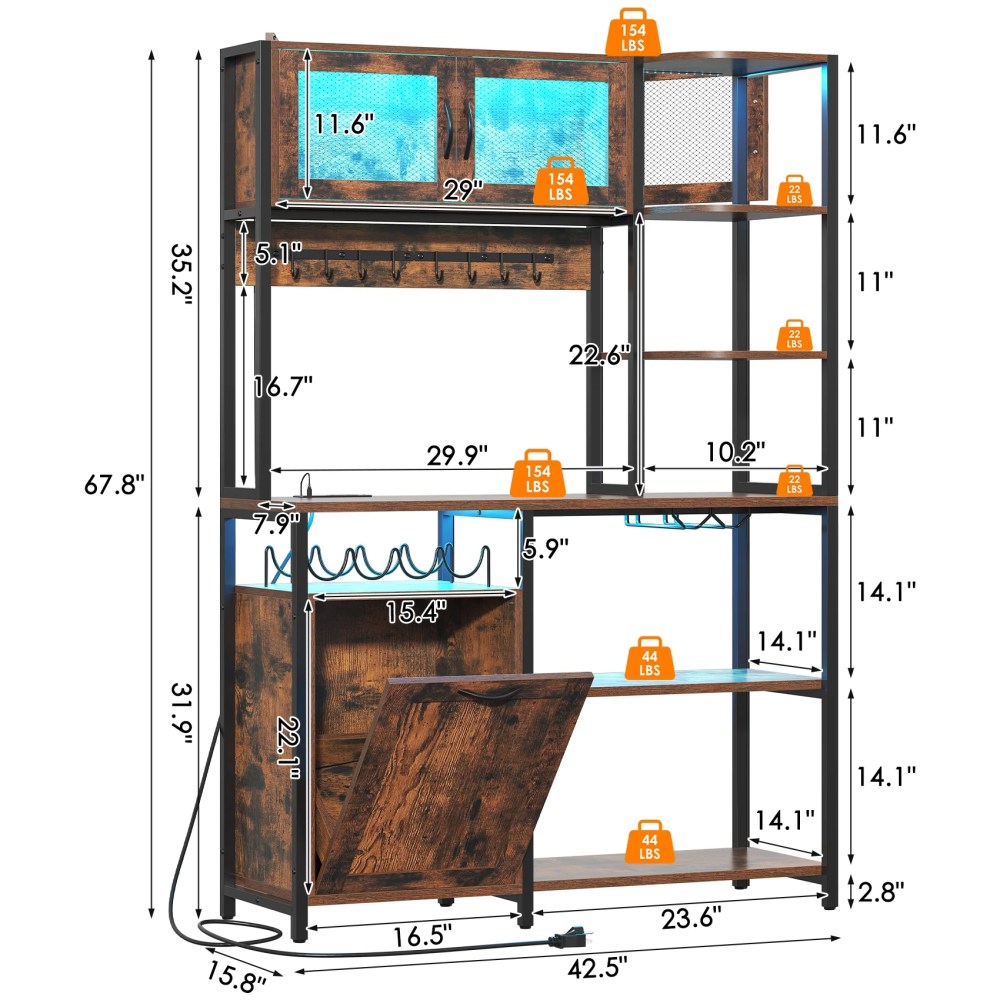 Winkalon 42.5" Wide Large Bakers Rack with Power Outlets,6 Tiers Coffee Bar Table with LED Light,8 Hooks,Microwave Stand Kitchen Storage Shelf,Rustic Brown - Image 3