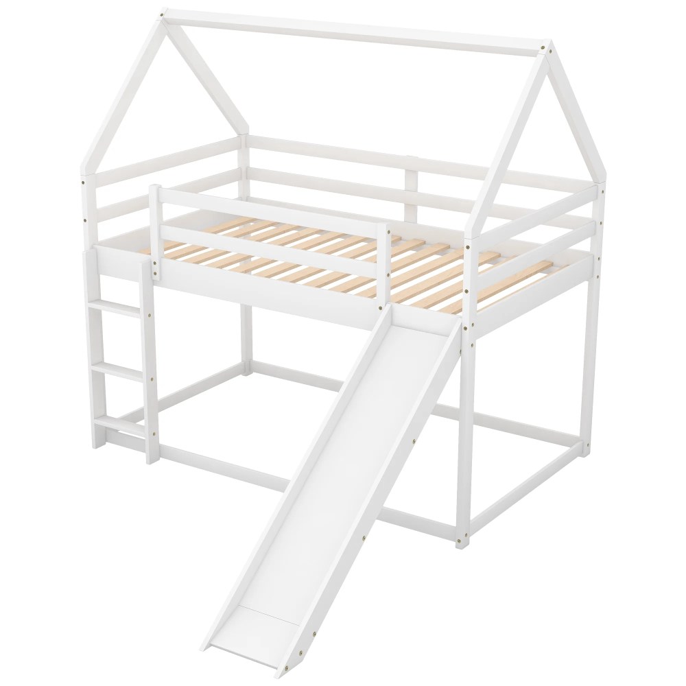 Aukfa Low Bunk Bed, Twin-Over-Twin House Bed Frame for Kids with Slide - White - Image 8