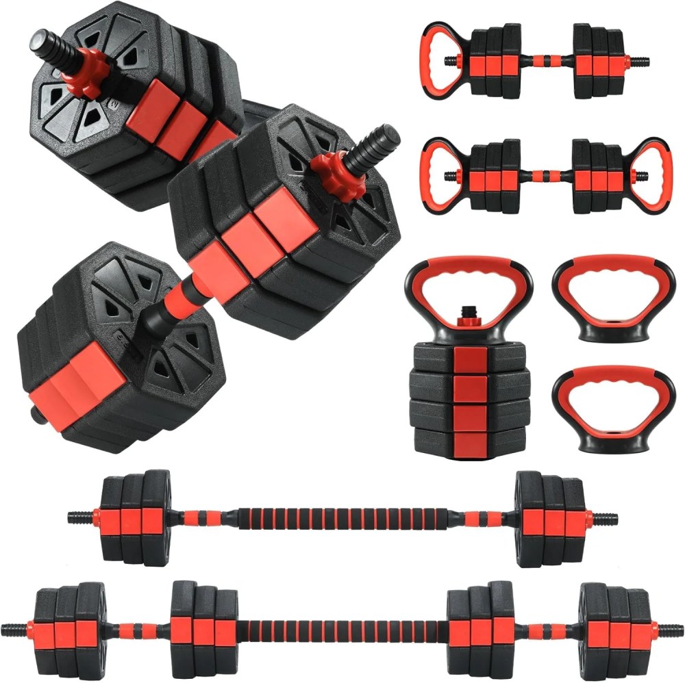 JoanKaren Octagonal Adjustable Dumbbell Set, 88lbs 4-in-1 Free Weights Dumbbells Set Used as Barbell with Anti-Slip Handle, Black and Red