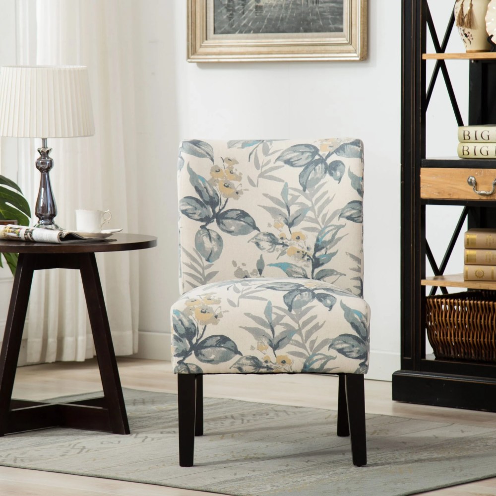 Roundhill Furniture Capa Print Fabric Armless Contemporary Accent Chair in Blue Leaves - Image 3