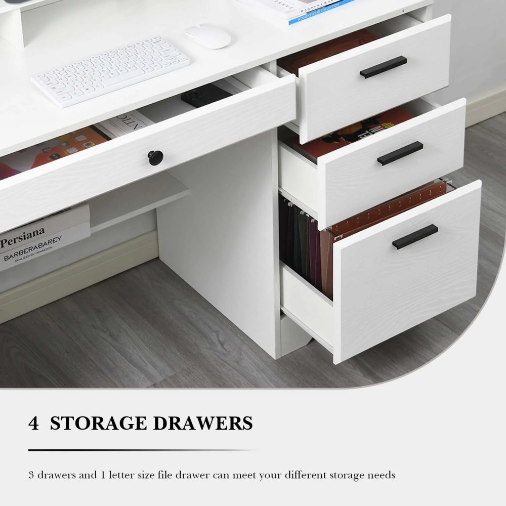 4 Ever Wooden L-Shaped Desk with Hutch & Storage,White - Image 3
