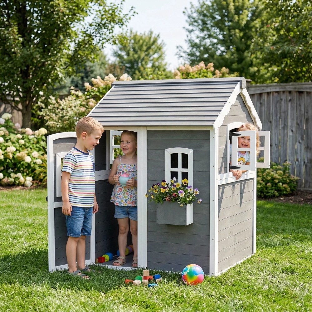 Outsunny Playhouse for Kids,  Outdoor Wooden Playhouse with Floor,  Door,  Windows & Planter Box for 3-8 Years Old,  Backyard,  Lawn,  Garden,  Gray