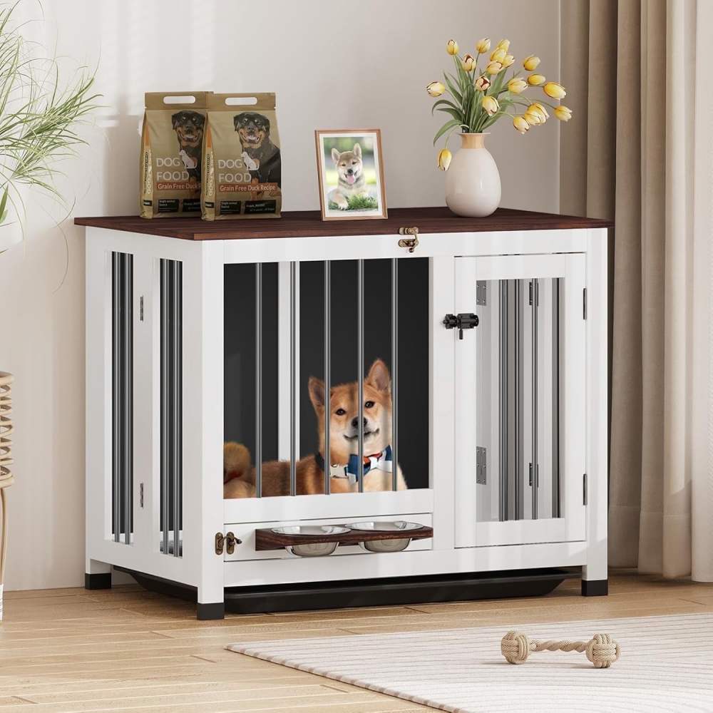 Dog Crate Furniture,  31.5" Dog Kennel Indoor Foldable and Portable,  Sturdy Wooden Dog Crate End Table Easy Assembly with 360'Rotating Feeder and Detachable Tray for Small Dogs, Medium Dogs