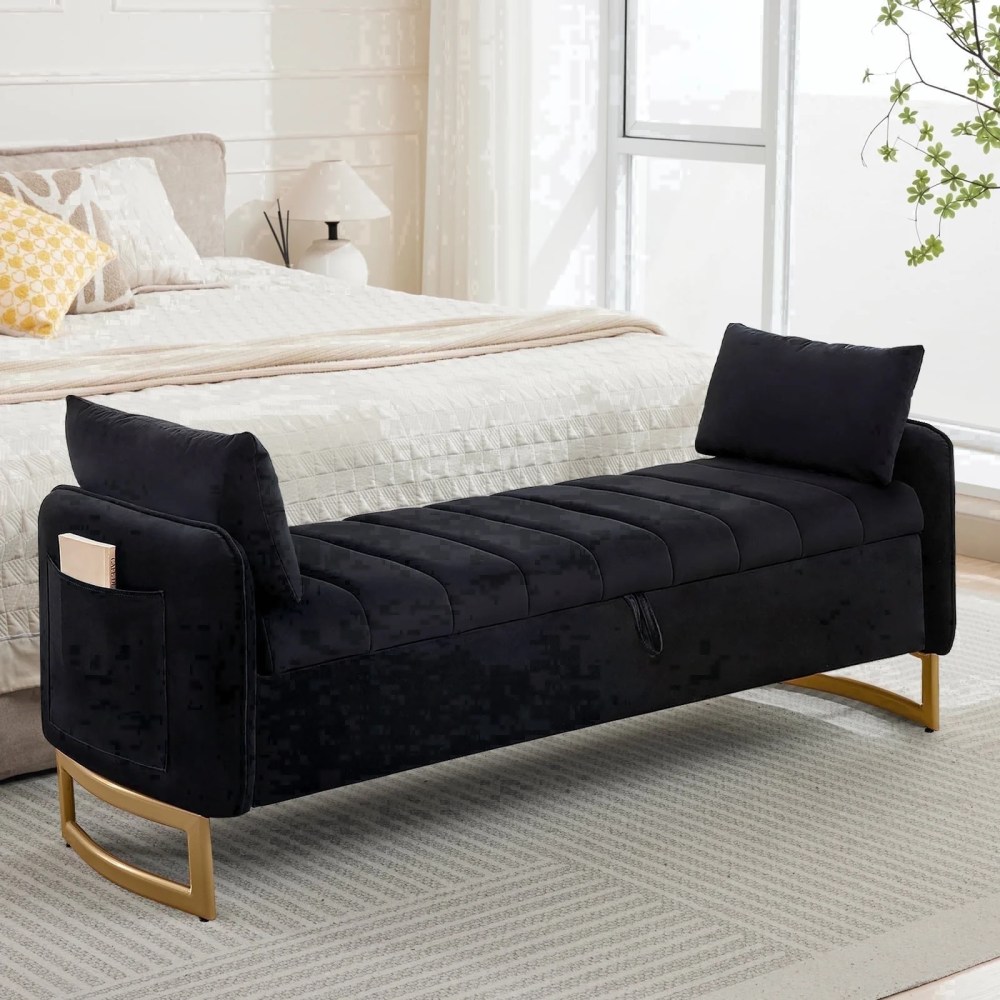 Aemeios 66"W Tufted Storage Bench for Bedroom End of Bed with Gold Legs and Two Pillows,Black