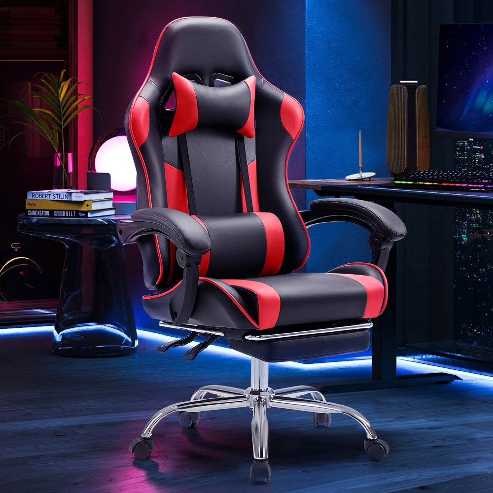 JIOABL Ergonomic Gaming Chair With Headrest And Lumbar Pillow, Height Adjustable With 360" -Swivel Seat, Red