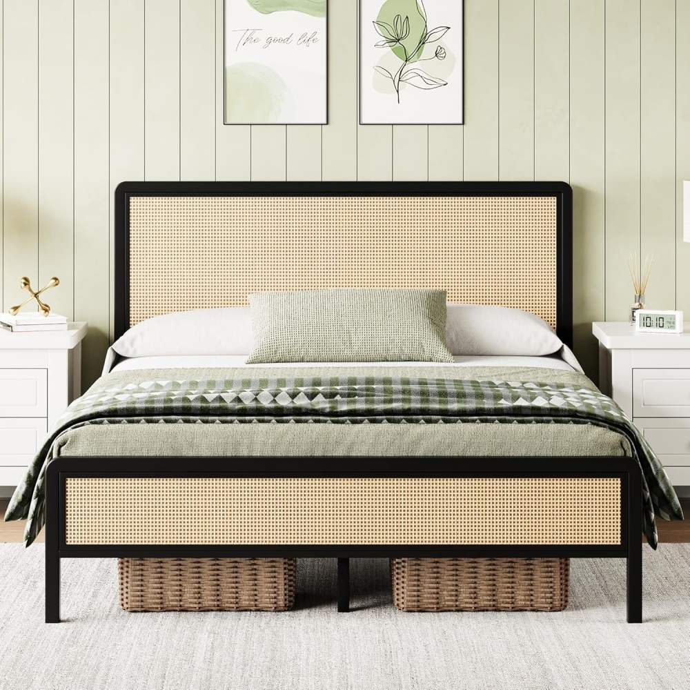 4 EVER WINNER Queen Size Bed Frame,Rattan Bed Frame with Natural Rattan Headboard and Footboard,No Box Spring Needed,Black
