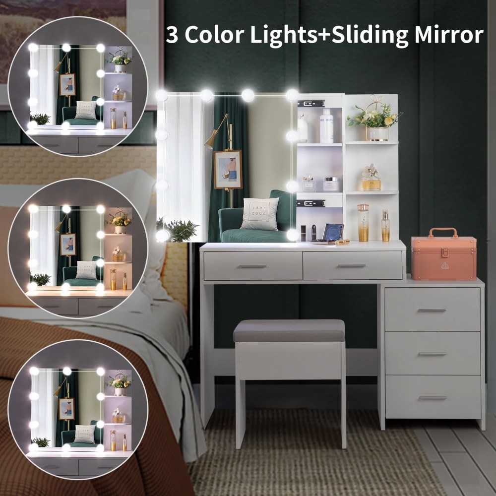 Ktaxon Vanity Set with 3 Color Lighted Mirror,Makeup Table with 3 Storage Shelves & Drawers,Dressing Table Makeup Desk with Stool, White