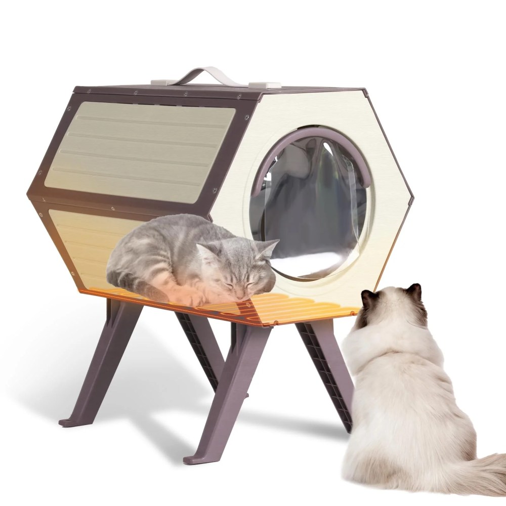 Aivituvin Outdoor Heated Cat House with Heated Pad, Insulated Feral Cat Shelter House & Condo for Winter Weatherproof, Brown & White, 1 Set