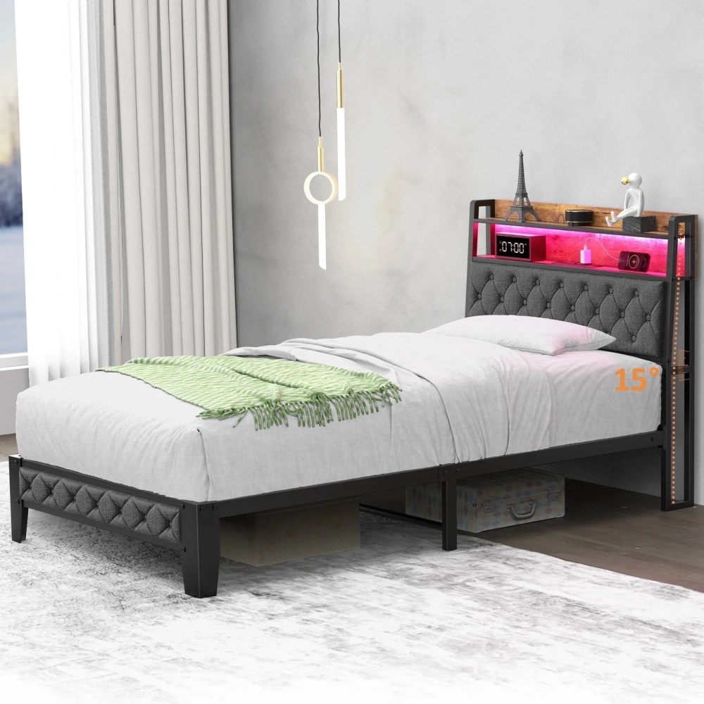 Winkalon Twin Size Upholstered Platform Bed Frame with Charging Station & LED Lights, Light Gray