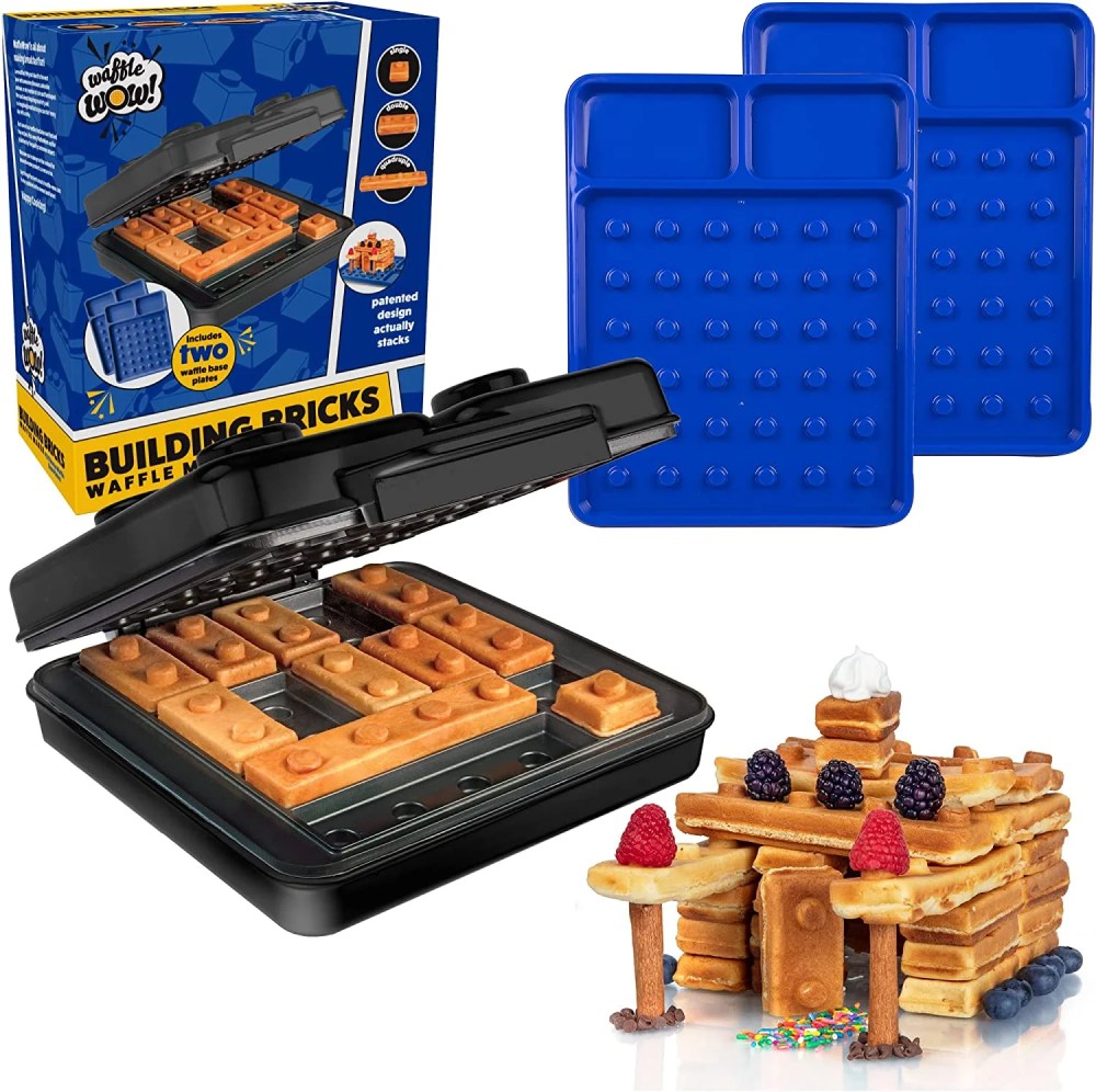 Waffle Wow Building Brick Electric Waffle Maker- BLACK with 2 Construction Eating Plates- Cook Fun, Buildable Waffles or Pancakes in Minutes - Stack & Build Creations on Serving Dishes