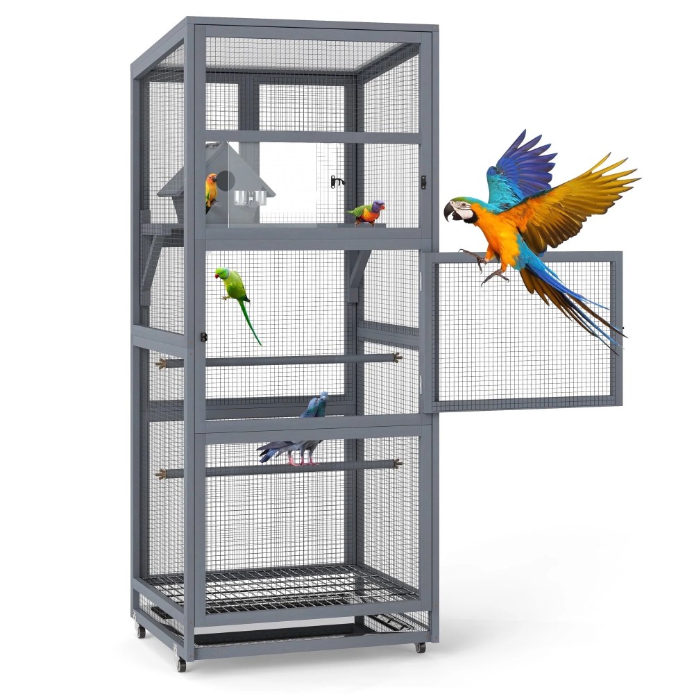 Coziwow 68"H Large Wooden Bird Aviary on Wheels, Outdoor Bird Cage for Parakeet,  Finches,  Parrots,  Small Birds with Removable Bottom Tray Easy to Clean,  Gray