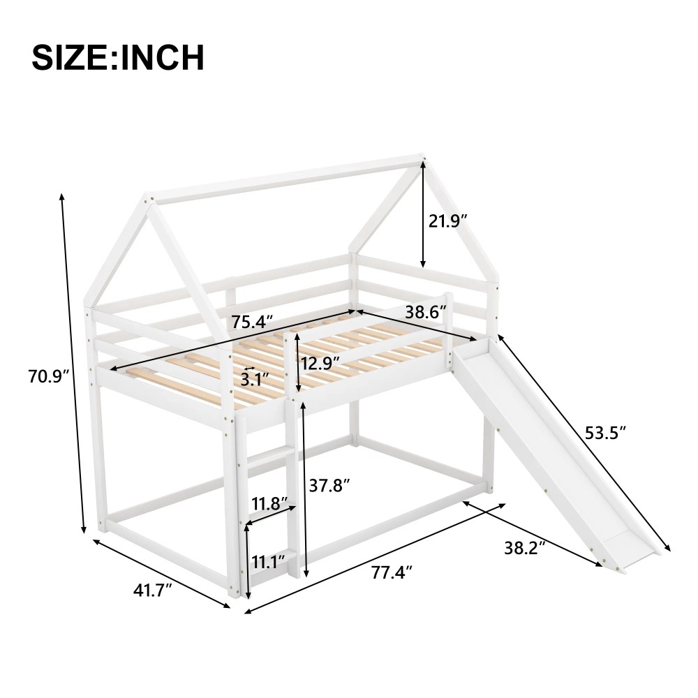 Aukfa Low Bunk Bed, Twin-Over-Twin House Bed Frame for Kids with Slide - White - Image 6