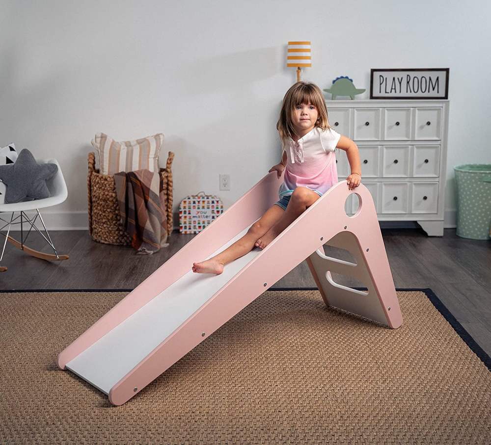 Avenlur Toddler Wooden Indoor Slide for Kids - Transform Any Living Space Into The Perfect Playroom or Gym. Climbing Wood Slide for Babies, Toddlers, and Children Ages 18mo - 4 Years (Pink)