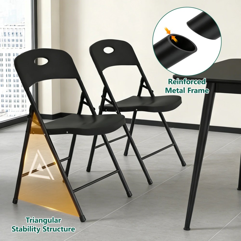 WASUHE Resin Folding Chair Set of 6,Reinforced Metal Frame Stackable Plastic Folding Chairs for Wedding,Party,Restaurant & Meeting Room,Black Upgraded - Image 3
