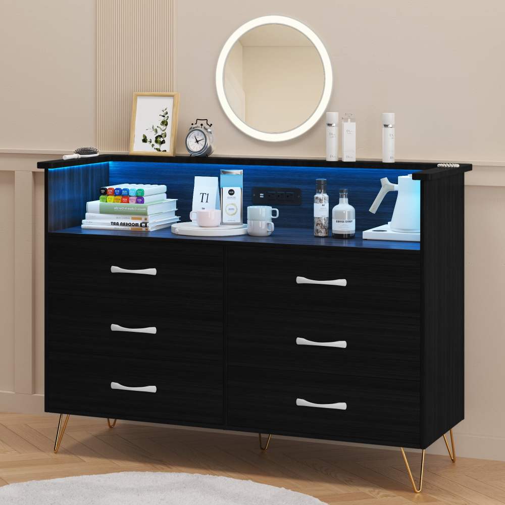Homhougo Dresser for Bedroom 6 Drawer Black with LED Light & Charging Station,Wooden Dressers and Chests of Drawers with 2-Tier Open Shelves,Wide Dresser Organizer for Living Room Hallway Entryway