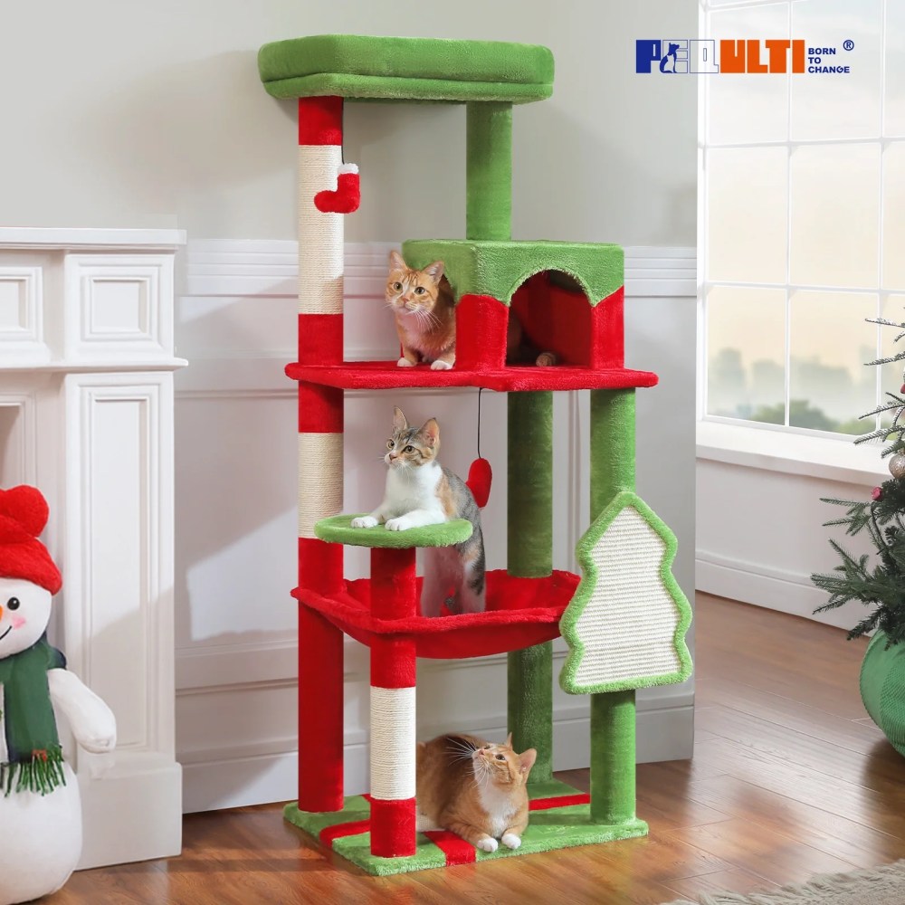 PEQULTI 56.3" Christmas Cat Tree for Indoor Cats Cat Tower with Hammock & Christmas Tree Scratching Pad Red