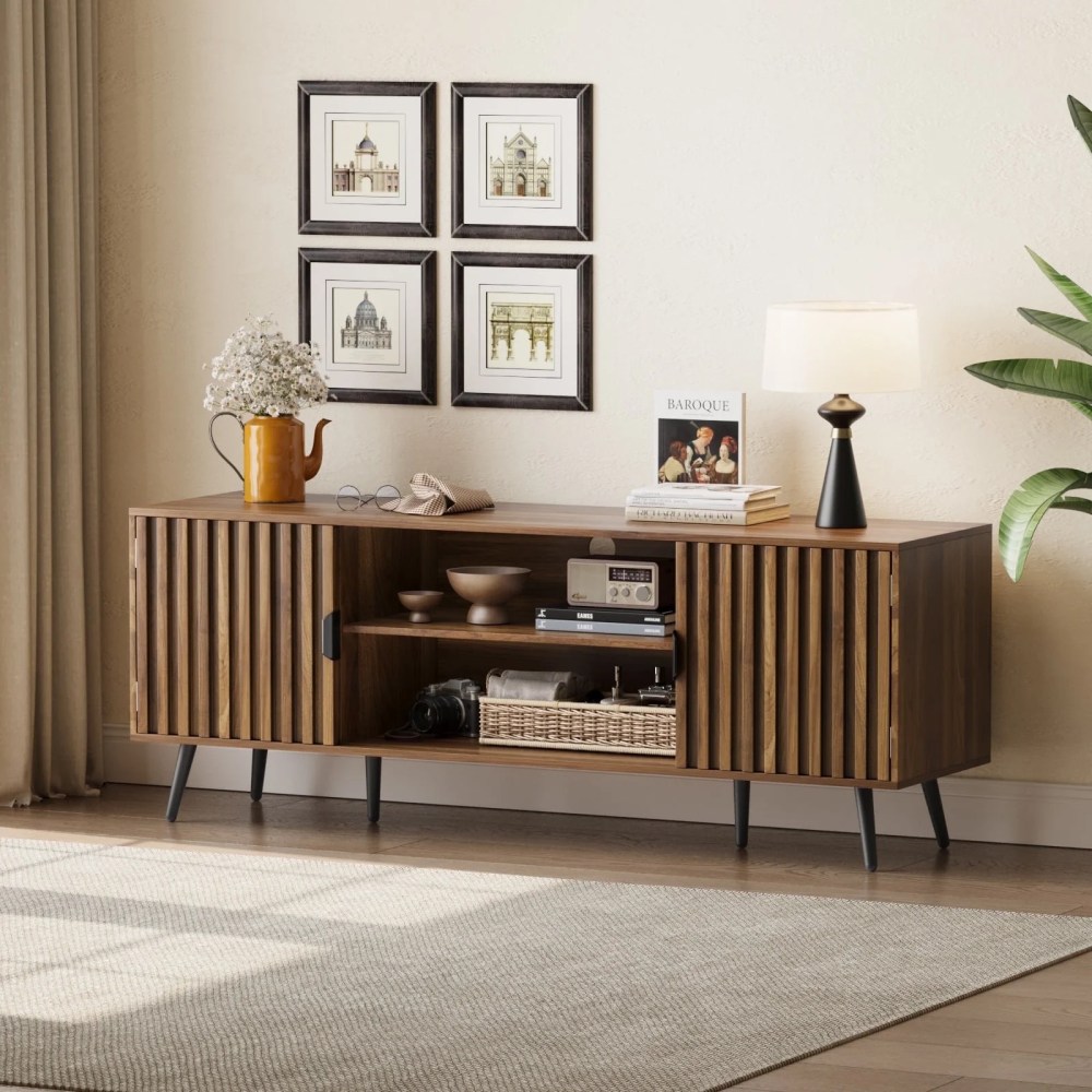 Smuxee Mid-century Fluted TV Stand for 65 Inch TV,Walnut