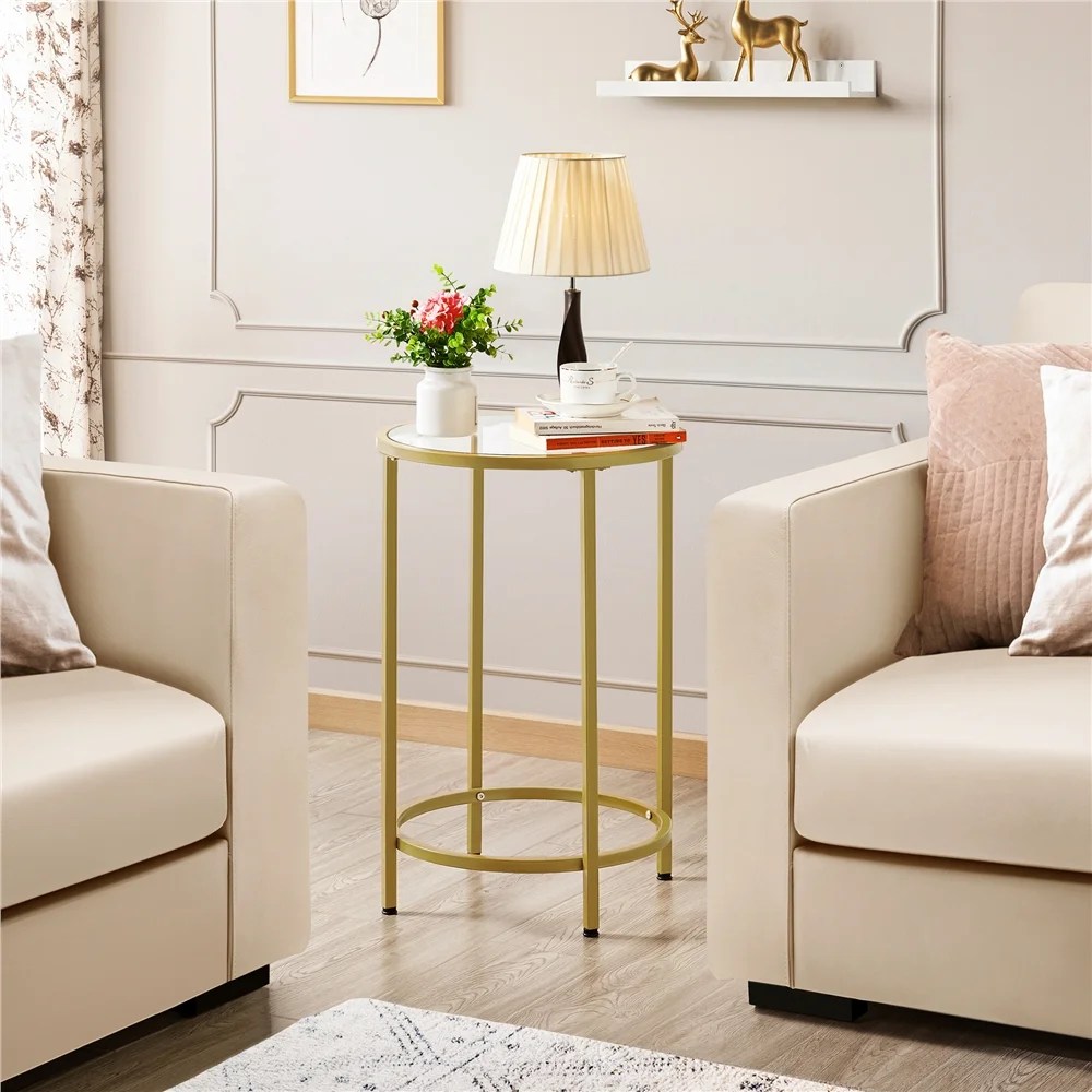 Alden Design Round Metal End Table with Glass Top for Livingroom,Gold