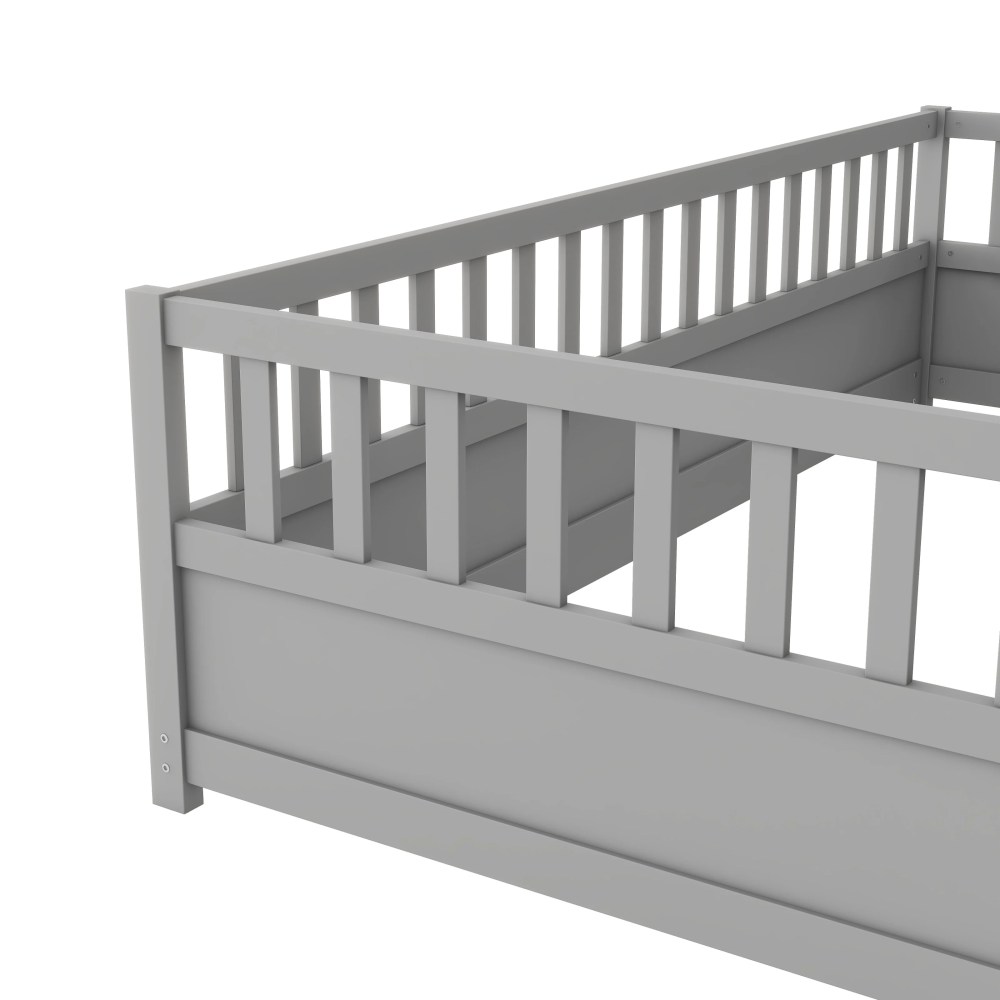 Euroco Twin Wood Floor Bed with Fence and Door, Low Wood Bed for Toddle Kids Teens, Gray - Image 8