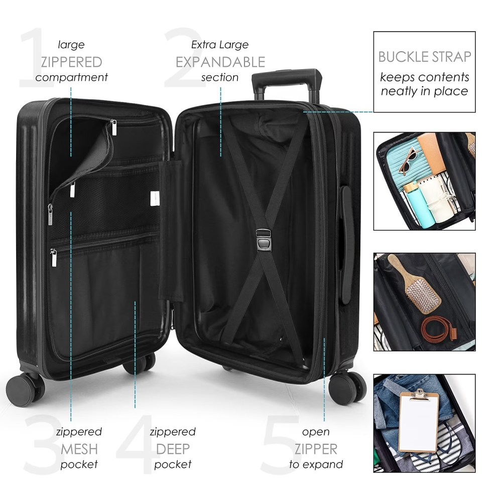 Virtu 20 inch Hardside Carry-On Expandable Luggage,Front Pocket Luggage Set Spinner Suitcase Set,Black - Image 3