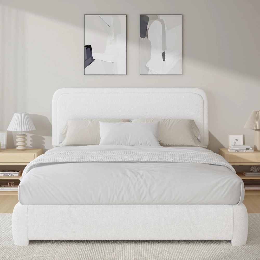 4 Ever Winner Boucle Upholstered Queen Bed Frame with Curved Headboard,White