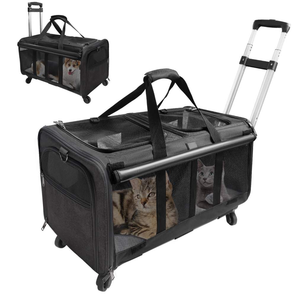 ELEGX Double-Compartment Pet Rolling Carrier with Wheels for 2 Pets, for Up to 35 LBS, Cat Rolling Carrier for 2 Cats, Super Ventilated Design, Ideal for Traveling/Hiking /Camping