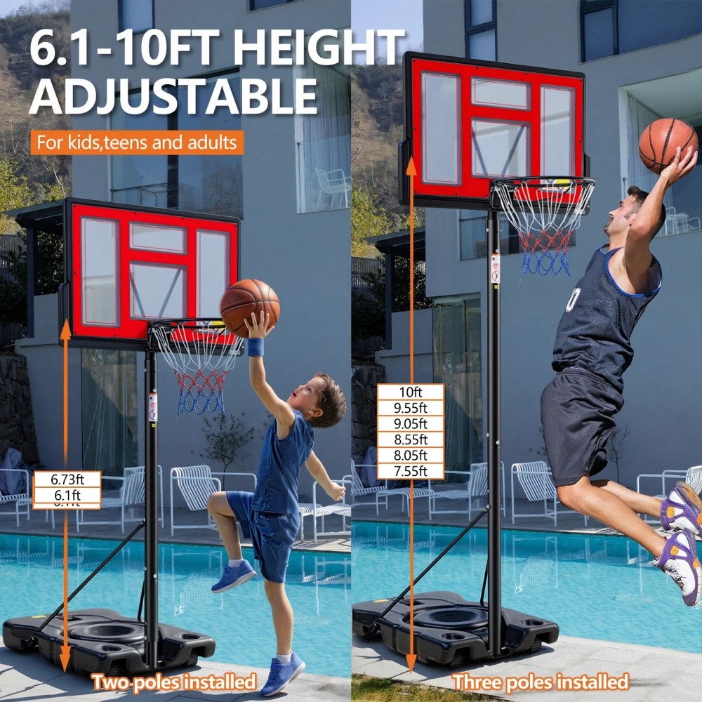 JIOABL 6.1ft-10ft Adjustable Height 44" Outdoor Basketball Hoop for Adult, Red - Image 2