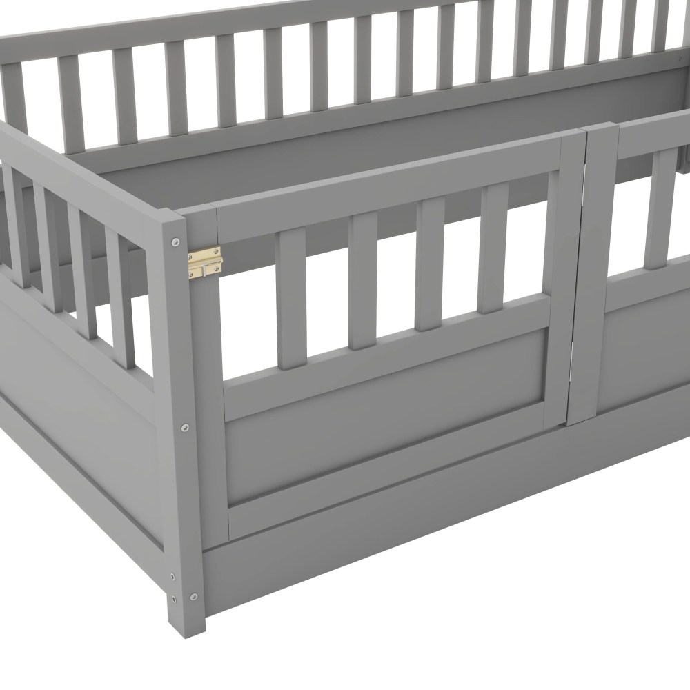 Euroco Twin Wood Floor Bed with Fence and Door, Low Wood Bed for Toddle Kids Teens, Gray - Image 2