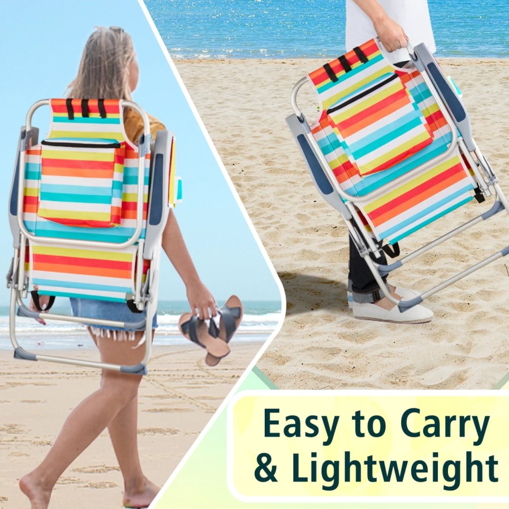 24.8x27.56x38.98in Heightened Oxford Cloth Aluminum Beach Chair (Rainbow Stripes),5-Position Adjustable Back with Lay Flat,Side Cup Holder & Back Pouch,220lbs Capacity,for Camping Picnic Sports - Image 5