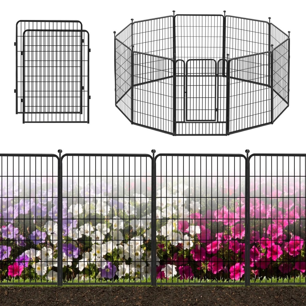 Decorative Garden Metal Fence Black 23ft(L)-40in(H) 10 Panels Wire Rustproof Folding Animal Barrier Border Heavy Duty Iron Landscape Edging Privacy Fencing Patio Flower Bed for Yard Dog Outdoor Fence