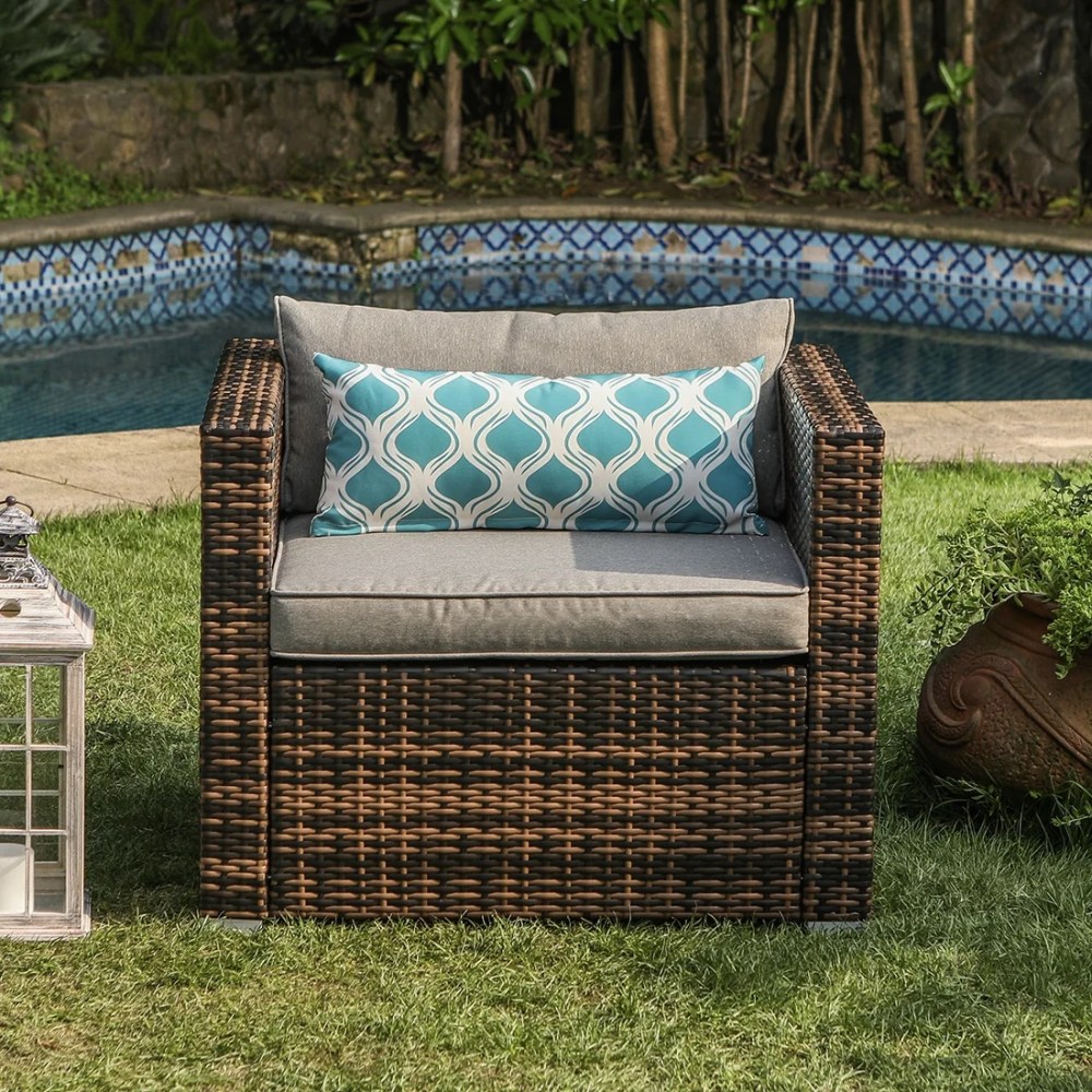 VENTOPYR Outdoor Furniture Brown Wicker Single Chair W Cushions, Pillow - Image 2