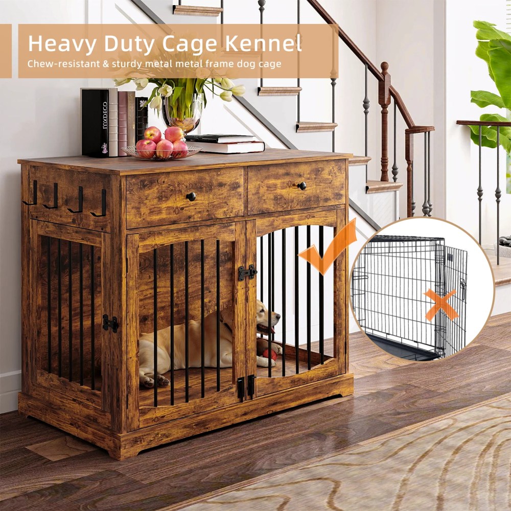 Flictozena 40 Inch Dog Crate Furniture - House Style Wooden Pet Kennel with 2 Doors for Indoor Large Dogs, Brown - Image 4